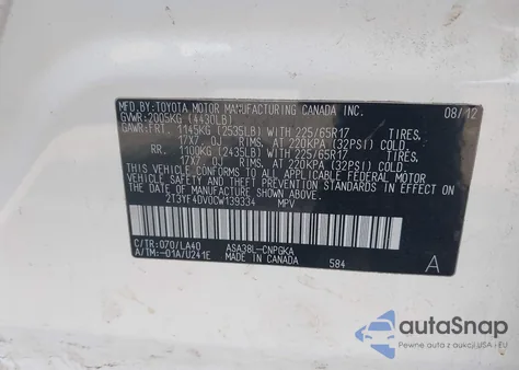 2012 Toyota Rav4 Limited from USA, damaged, VIN 2T3YF4DV0CW139334